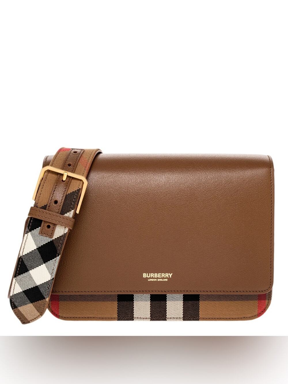 Burberry Brown Leather Messenger Bag with Vintage Check Strap